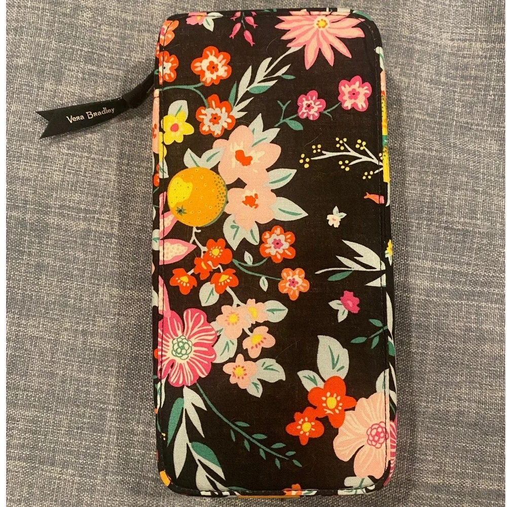 Vera Bradley Floral Citrus Black Zip Around Tech Pencil Case Organizer Pouch